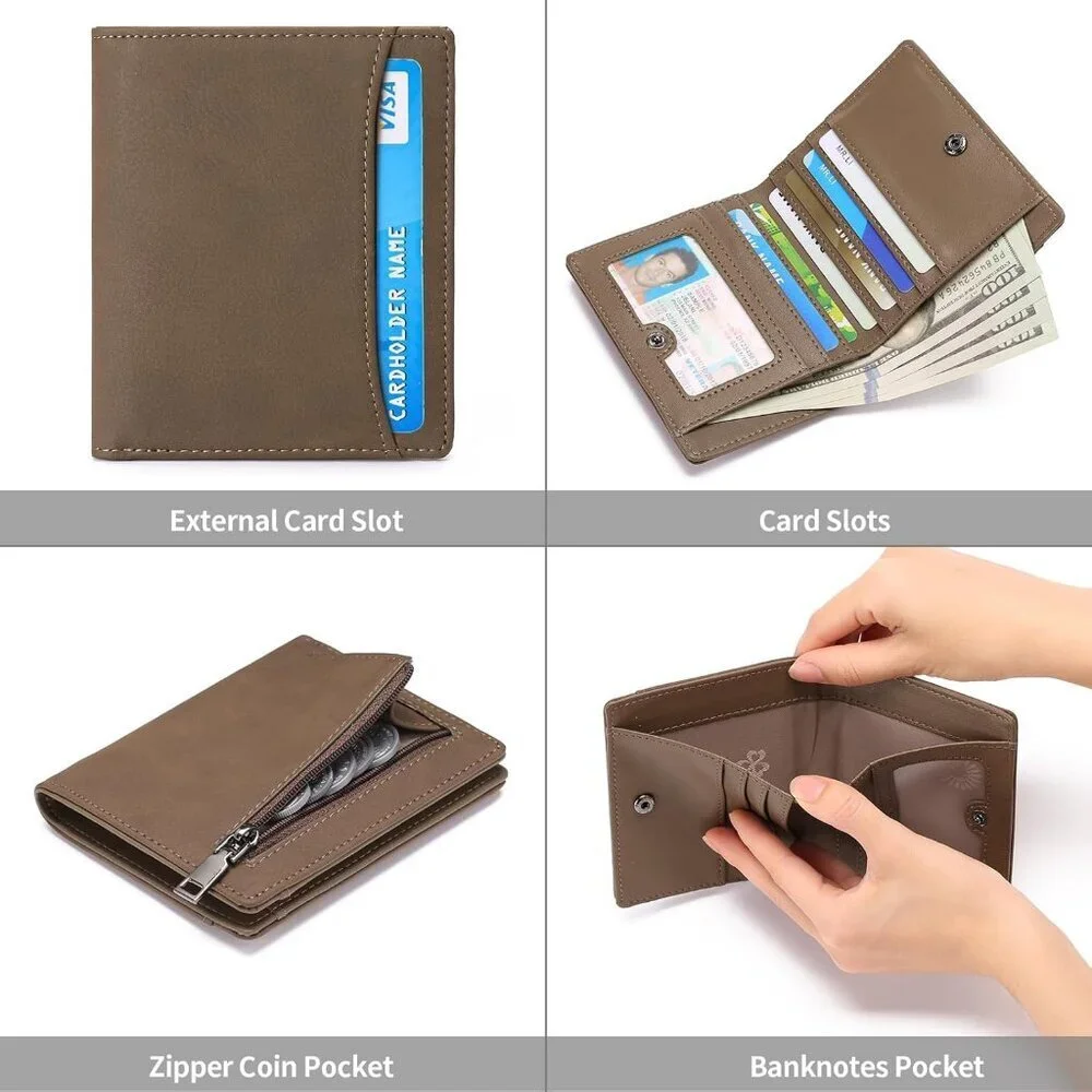 Men's 1 Type Coffee Genuine Leather Minimalist Wallets Card Zipper Coin Pocket